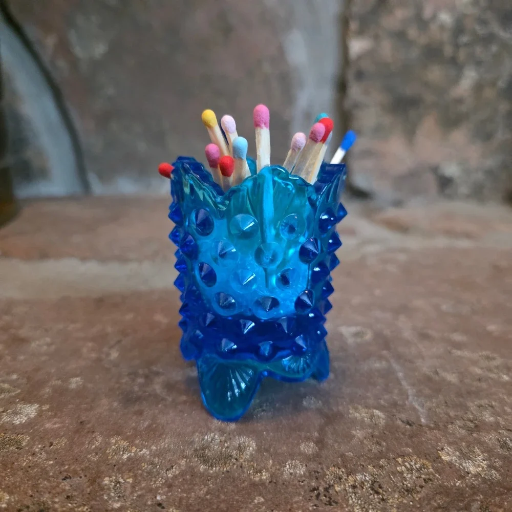 Vintage Fenton Blue Hobnail Glass Toothpick Matches Holder 3 Footed Scalloped